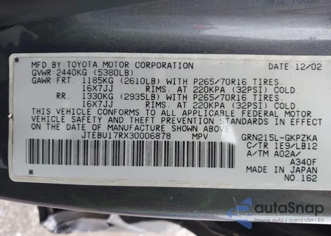 2003 Toyota 4Runner Limited V6 z USA, uszkodzony, nr VIN JTEBU17RX30006878